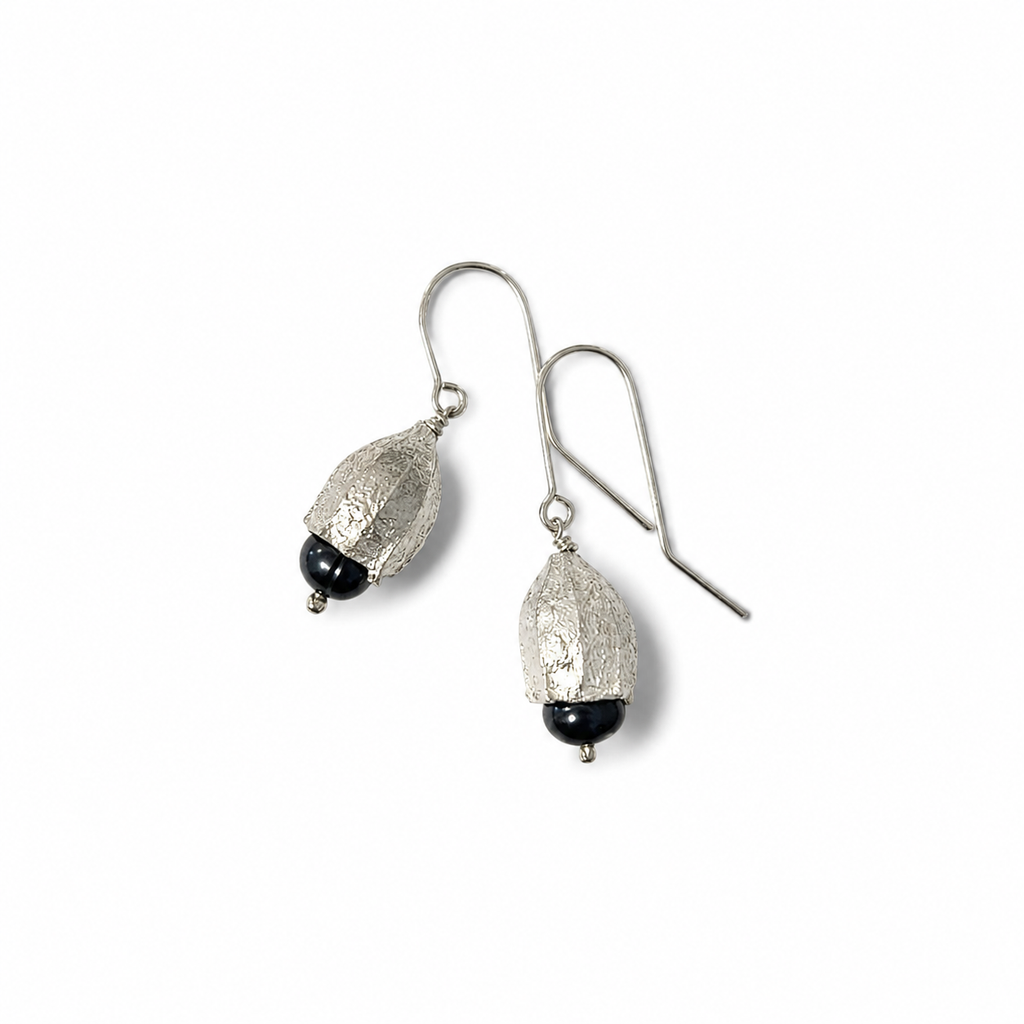 Eucalyptus FRO Earrings with Black Freshwater pearl